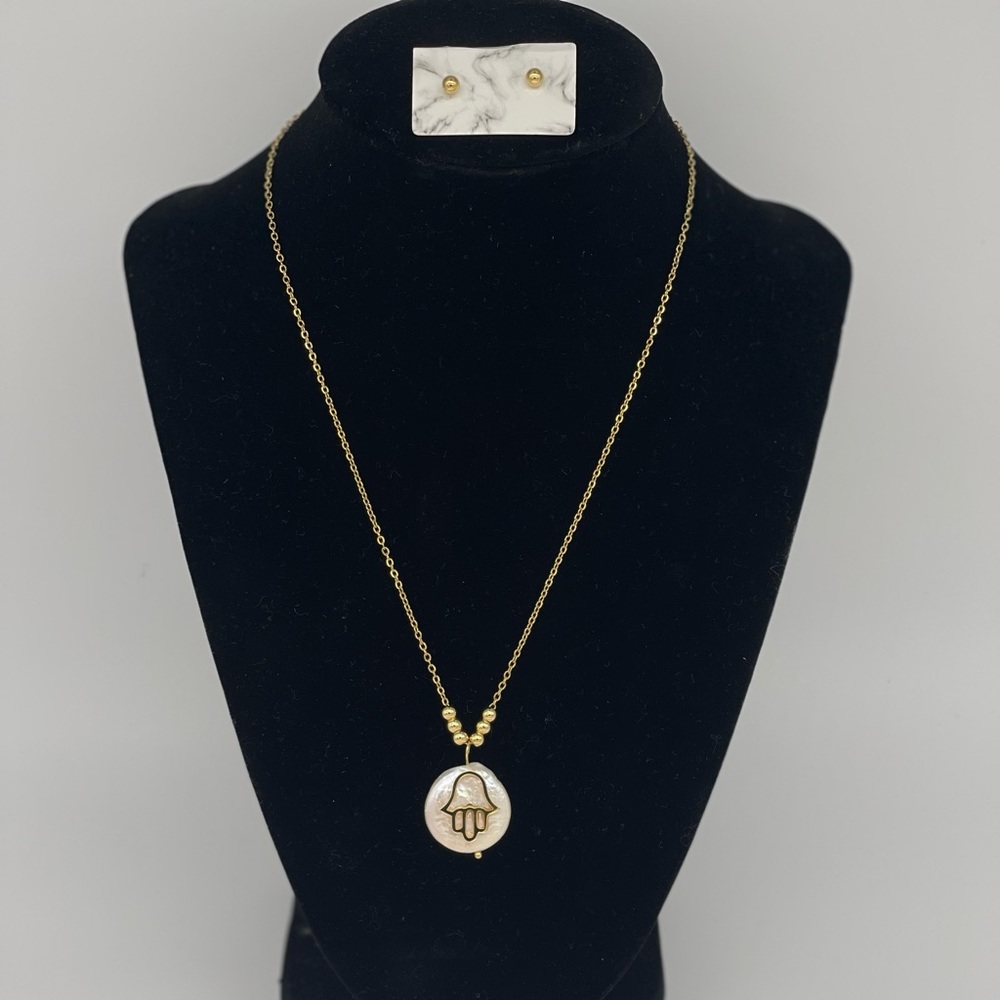 Stainless Steel Gold Hamsa Hand Mother of Pearl Necklace and Earring Set- New
